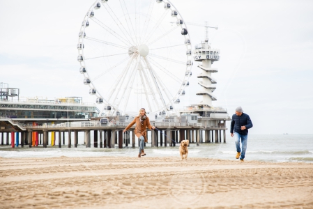 Stel rent samen over het strand met de hond op Scheveningen